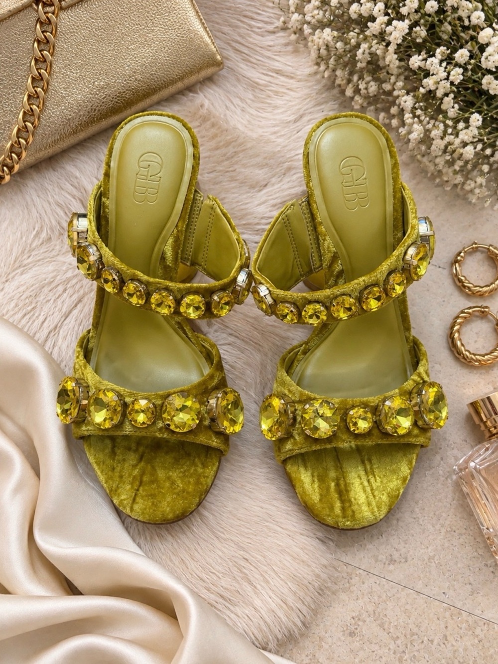 News Flash Velvet Jewel Ornament Dress Slide Sandals In Galaxy Green